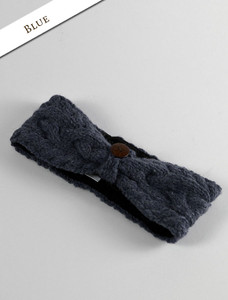 Fleece Lined Aran Cable Headband with Button - Blue