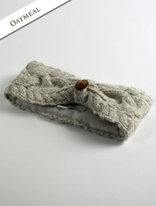 Fleece Lined Aran Cable Headband with Button - Oatmeal