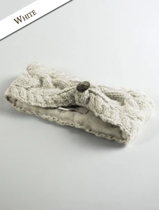 Fleece Lined Aran Cable Headband with Button - White
