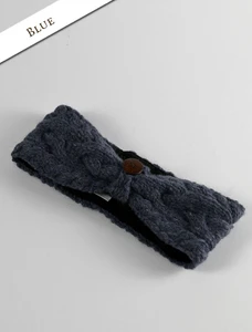 Fleece Lined Aran Cable Headband with Button - Blue