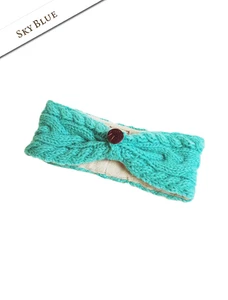 Fleece Lined Aran Cable Headband with Button - Sky Blue