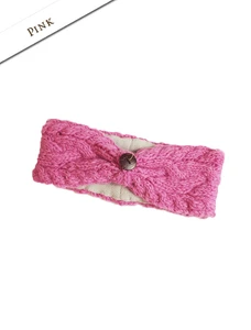 Fleece Lined Aran Cable Headband with Button - Pink