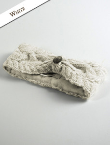 Fleece Lined Aran Cable Headband with Button - White
