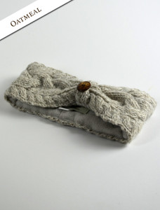 Fleece Lined Aran Cable Headband with Button - Oatmeal