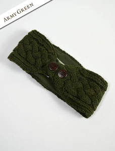Fleece Lined Aran Headband with Buttons - Army Green