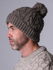 Aran Fleece Lined Rib Cap with Bobble - Brown