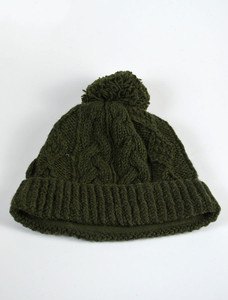 Aran Fleece Lined Rib Cap with Bobble - Army
