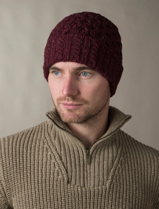 Wool Cashmere Aran Honeycomb Hat - Rich Burgundy