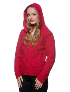 Women's Merino Wool Cable Knit Hoodie - Cranberry
