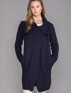 Woven Textured Aran Wrap Coat - Navy