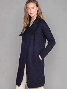 Woven Textured Aran Wrap Coat - Navy