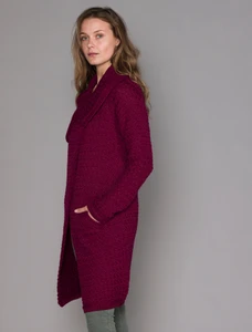 Woven Textured Aran Wrap Coat - Claret