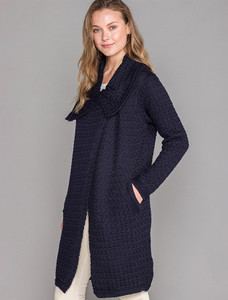 Woven Textured Aran Wrap Coat - Navy