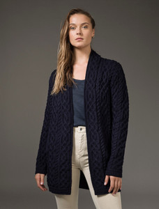 Ladies Plated Aran Cable Knit Coat - Navy