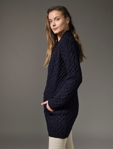 Ladies Plated Aran Cable Knit Coat - Navy