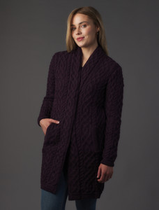 Ladies Plated Aran Cable Knit Coat - Damson