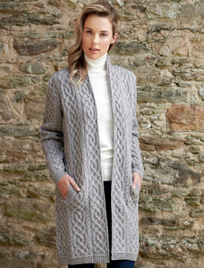 Ladies Plated Aran Cable Knit Coat - Soft Grey
