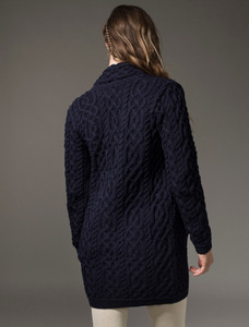 Ladies Plated Aran Cable Knit Coat - Navy