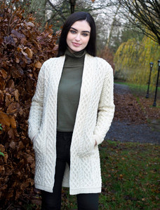 Ladies Plated Aran Cable Knit Coat - Natural White