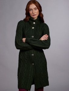 Women's Aran Long Button Cable & Diamond Coat - Army Green