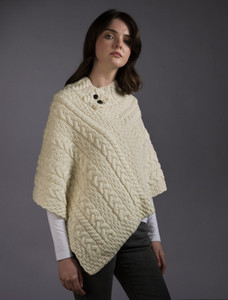 Cable Poncho with Aran Button Detail - Natural White