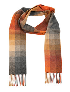 Narrow Lambswool Checked Scarf - Orange, Grey & Beige Plaid
