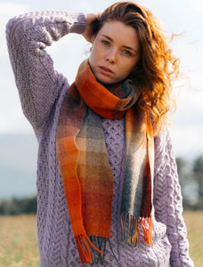 Narrow Lambswool Checked Scarf - Orange, Grey & Beige Plaid