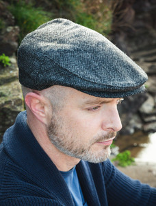 Irish Classic Tweed Flat Cap - Charcoal/Black Herringbone