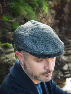 Irish Classic Tweed Flat Cap - Charcoal/Black Herringbone