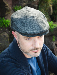 Irish Classic Tweed Flat Cap - Charcoal/Black Herringbone
