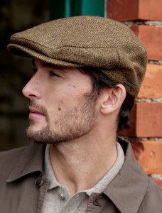 Irish Tweed Flat Cap - Beige & Brown Herringbone