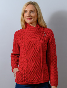 Cable Knit Jacket with Celtic Knot Side Zip - Cherry