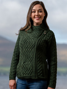 Cable Knit Jacket with Celtic Knot Side Zip - Army Green