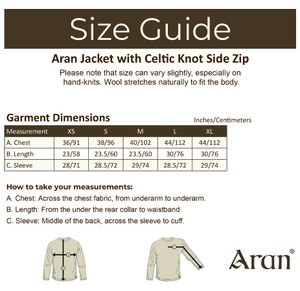 Cable Knit Jacket with Celtic Knot Side Zip - Size Guide