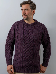 Men's Cable Knit Crew Neck Aran Wool Sweater - Grape