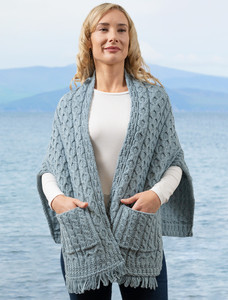 Aran Shawl Wrap with Pockets - Misty Marl