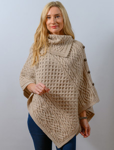 Ladies Merino Button Poncho - Parsnip