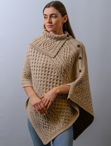 Ladies Merino Button Poncho - Parsnip