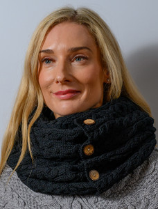 Aran Snood Scarf with Buttons - Black