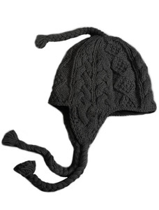 Aran Cable Fleece Lined Hat with Ear Flaps - Charcoal