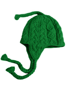 Aran Cable Fleece Lined Hat with Ear Flaps - Green