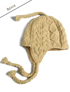 Aran Cable Fleece Lined Hat with Ear Flaps - Beige