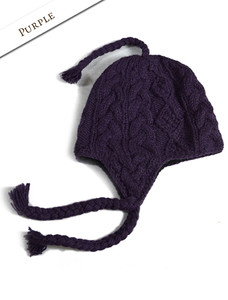 Aran Cable Fleece Lined Hat with Ear Flaps - Purple