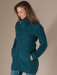 Double Collar Merino Aran Coat - Bermuda