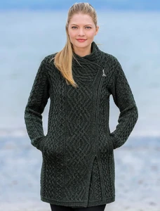 Cable Knit Coatigan with Celtic Knot Side Zip - Army