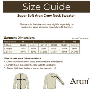 Super Soft Aran Crew Neck Sweater - Size Guide