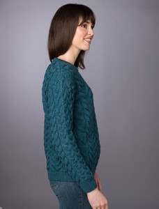 Women's Super Soft Aran Crew Neck Sweater - Irish Sea