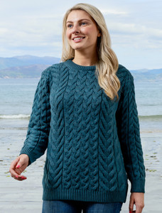 Women's Super Soft Aran Crew Neck Sweater - Irish Sea