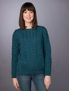 Women's Super Soft Aran Crew Neck Sweater - Irish Sea