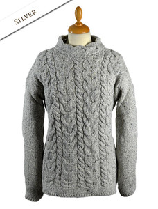 Wool Cashmere Aran Cable Merino Sweater - Silver